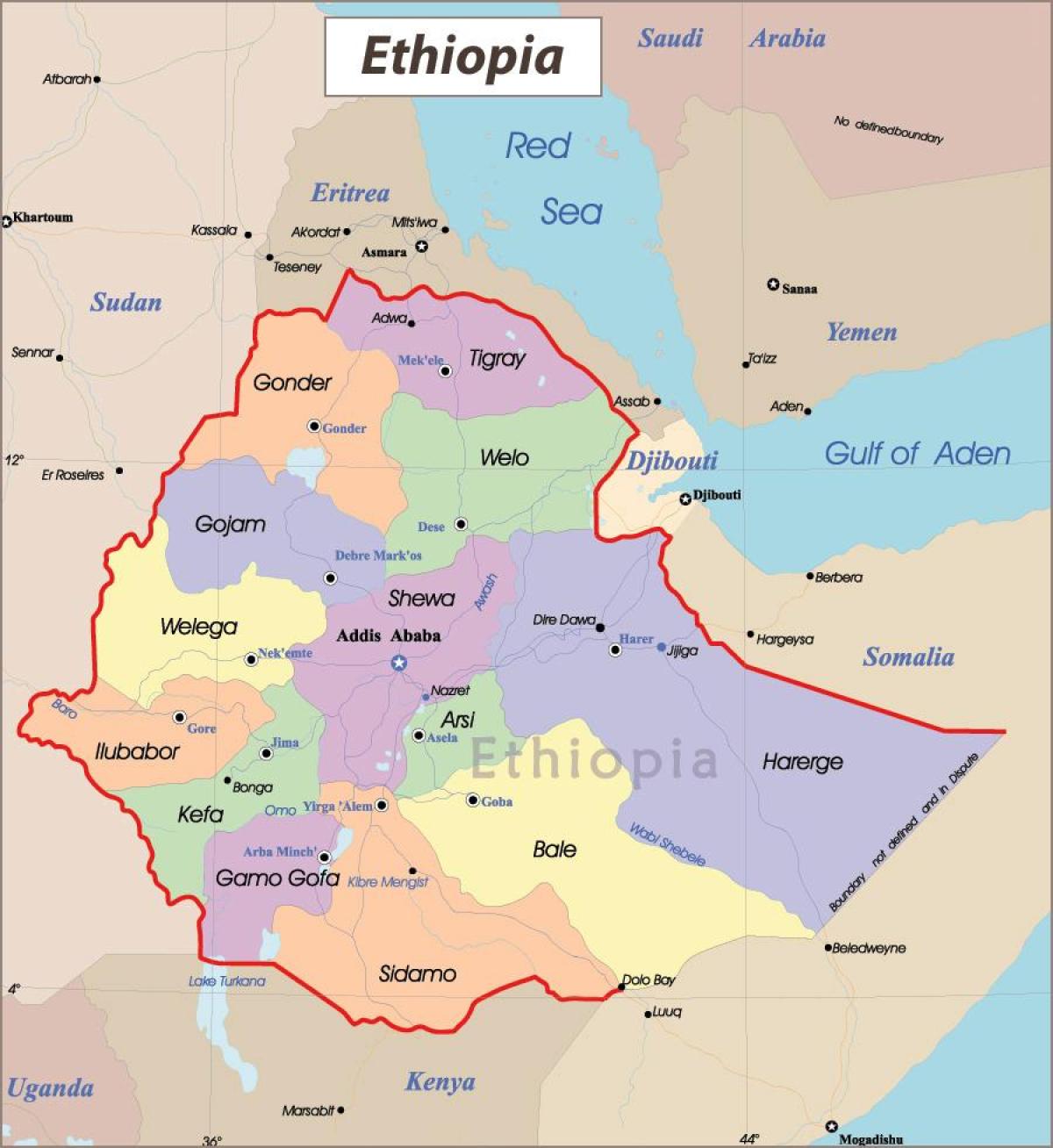 Эфіопія карта з гарадамі
