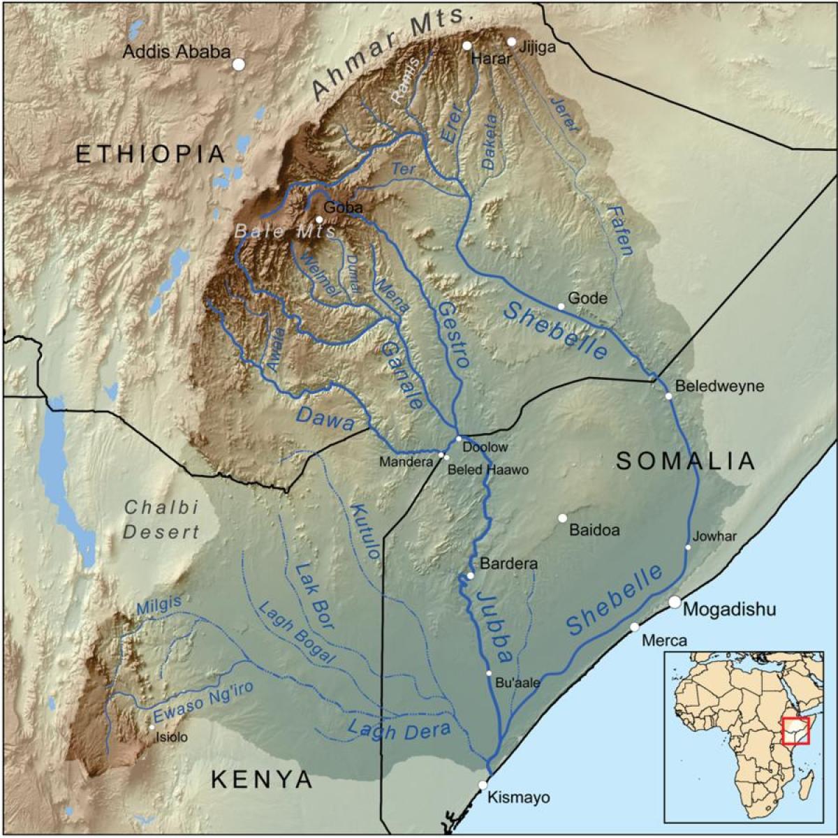 Эфіопы рачных басейнаў карце
