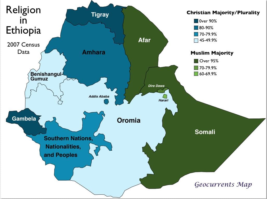 карта рэлігіяй Эфіопіі 